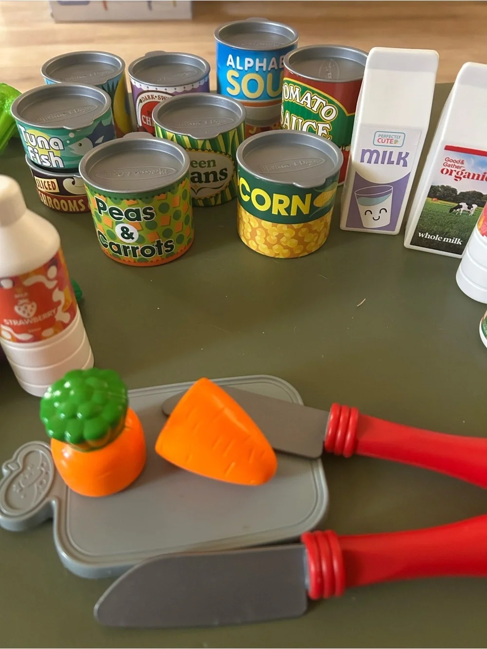 Pretend Play Plastic Food: Fruits Veggies Cans Milk & Cutting Board Kitchen Toys